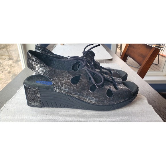 Wolky Shoes - Wolky Black Metallic Pebbled Leather Lace Up Wedge Sandals Womens 41